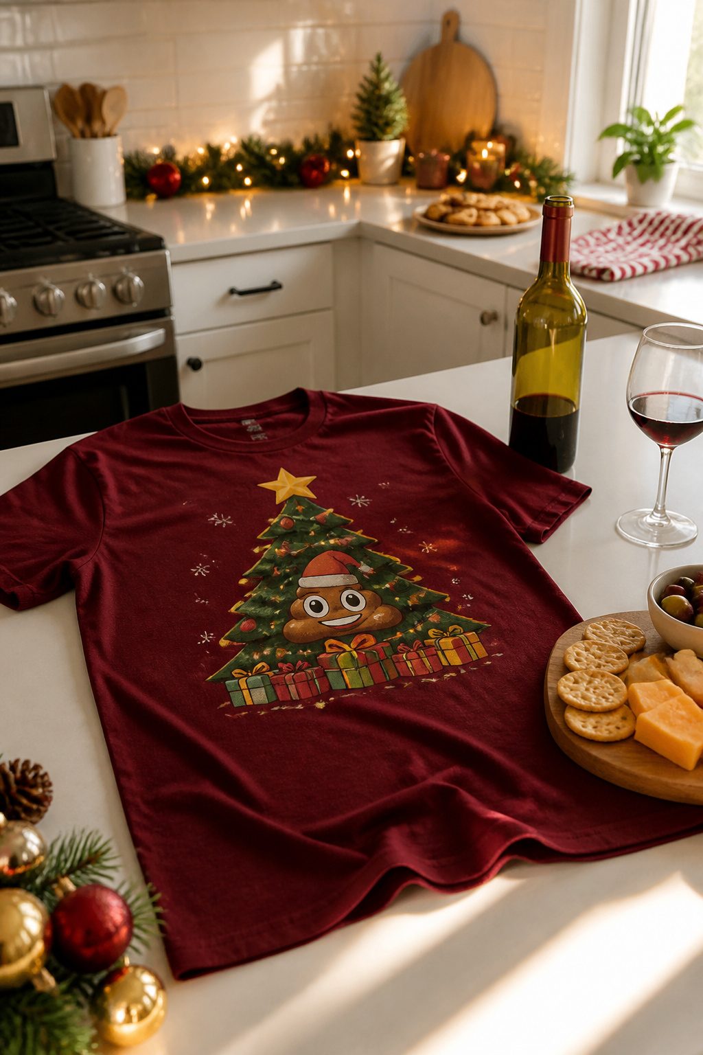 Funny Christmas Shirts: 16 Designs for 2026 7 A dark red T-shirt with the phrase 'Sh*t happens' printed on it.