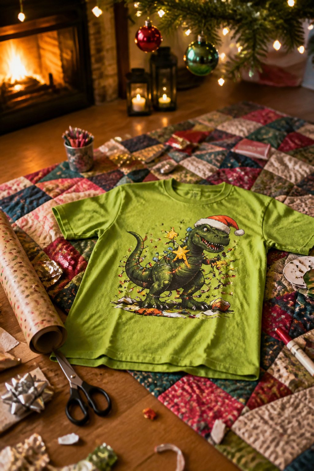 Funny Christmas Shirts: 16 Designs for 2026 13 A lime green T-shirt featuring a T-Rex graphic in a holiday context.