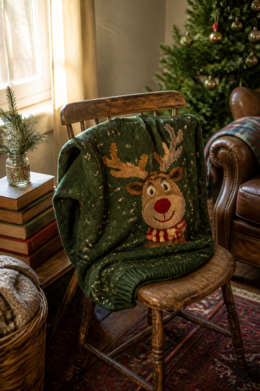 Funny Christmas Shirts: 16 Designs for 2026 4 A green sweater with a reindeer graphic on a wooden chair.