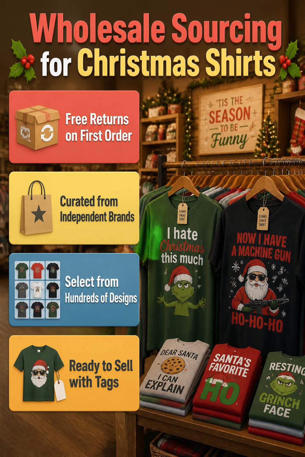 Funny Christmas Shirts: 16 Designs for 2026 17 An informational image about sourcing funny Christmas shirts.