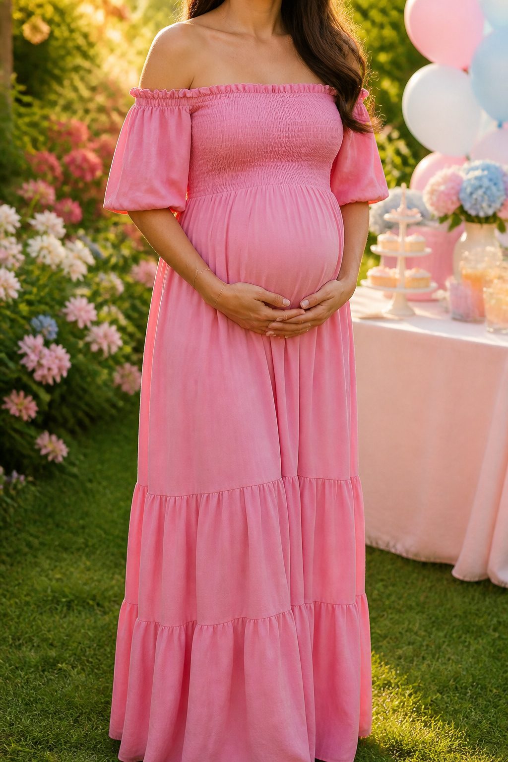 10 Gender Reveal Dress for Mom Ideas: Styles to Wear in 2026 10 PinkBlush Maternity Smocked Off-Shoulder Dress with an off-shoulder neckline.