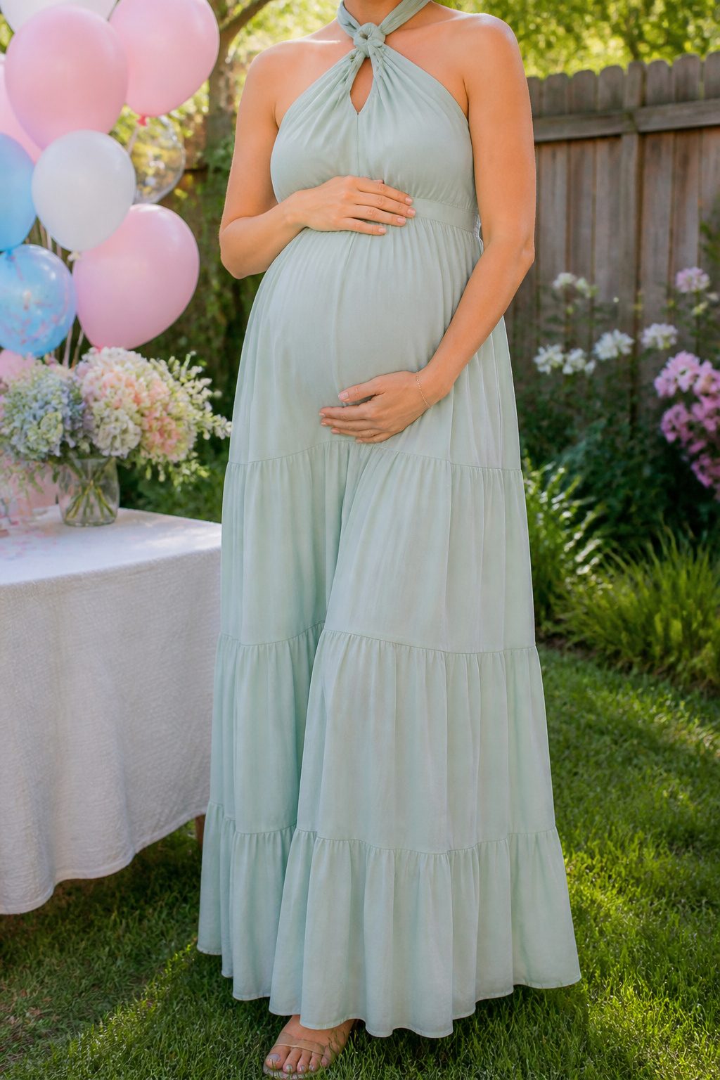 10 Gender Reveal Dress for Mom Ideas: Styles to Wear in 2026 2 PinkBlush Maternity Tiered Halter Dress with a high tie-neck.