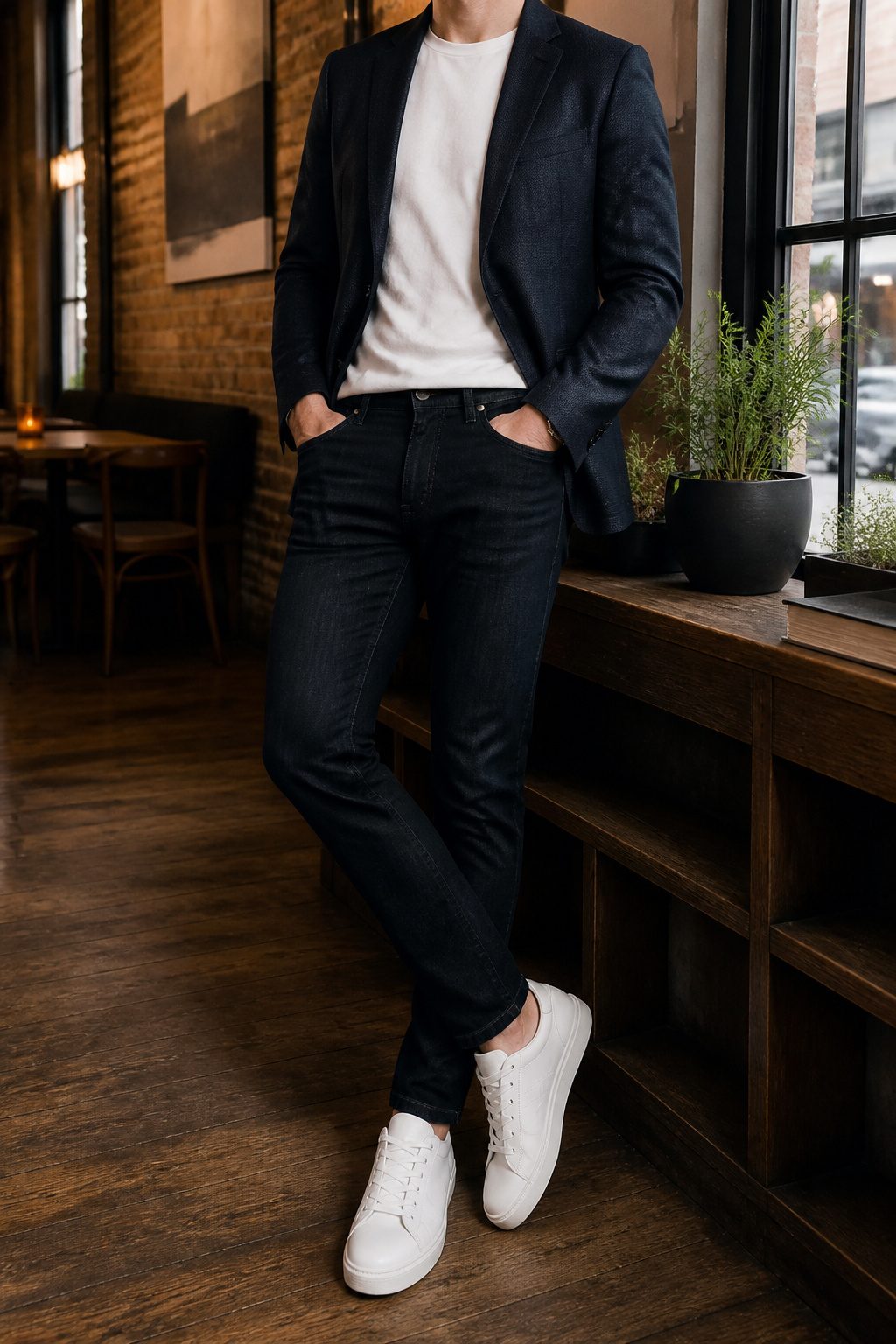 Dark-wash jeans with a tailored blazer over a white T-shirt.