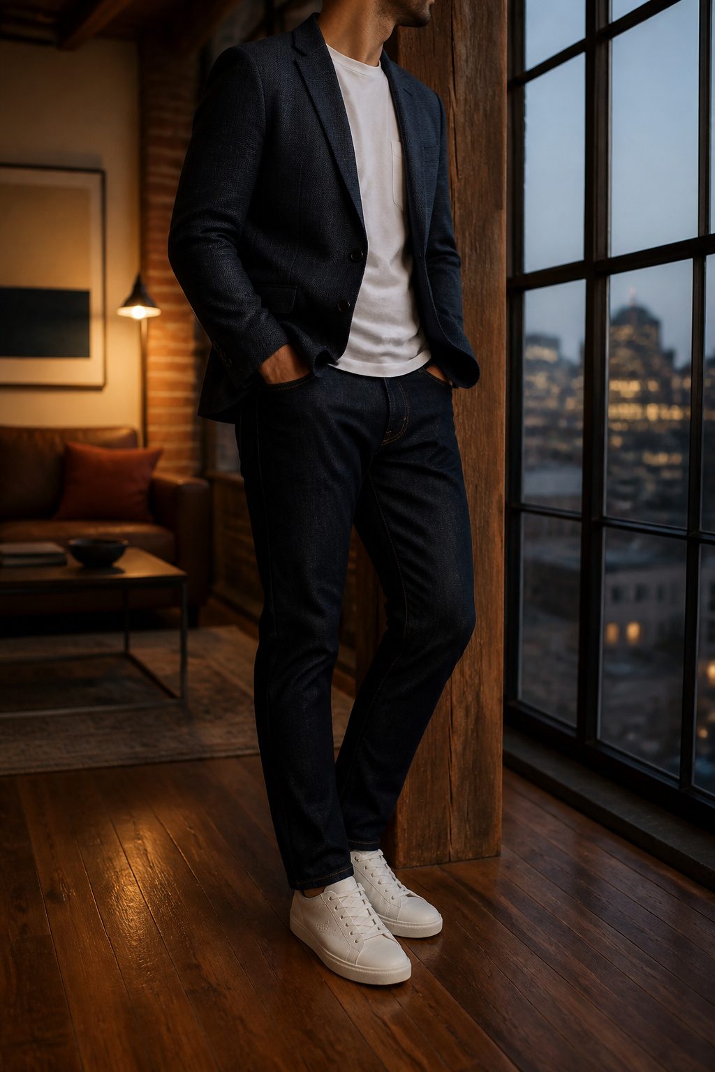Dark-wash denim paired with a structured blazer and white T-shirt.