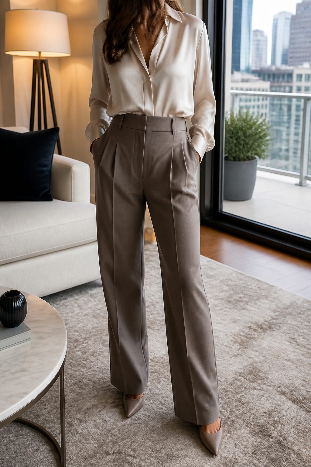 Tailored trousers paired with a fluid silk top for a sophisticated look.