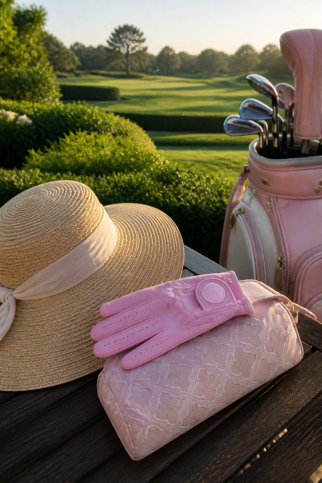 Wide-brimmed sun hat and pink golf glove on a soft fabric holder.