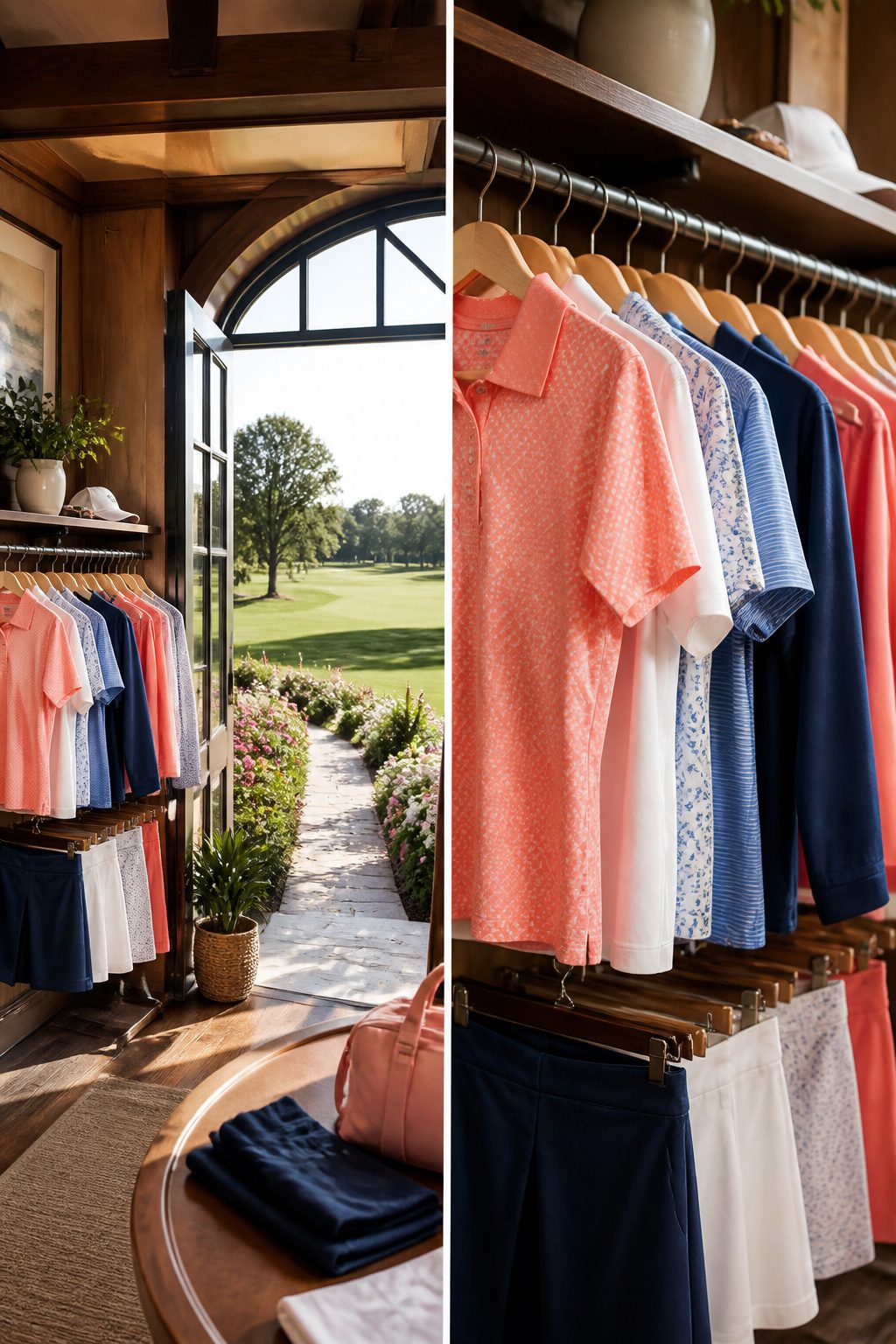 A collection of versatile golf clothing arranged for a stylish wardrobe.