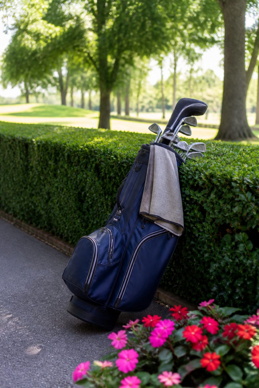 Navy golf bag leaning against a hedge, illustrating clean lines and pockets.