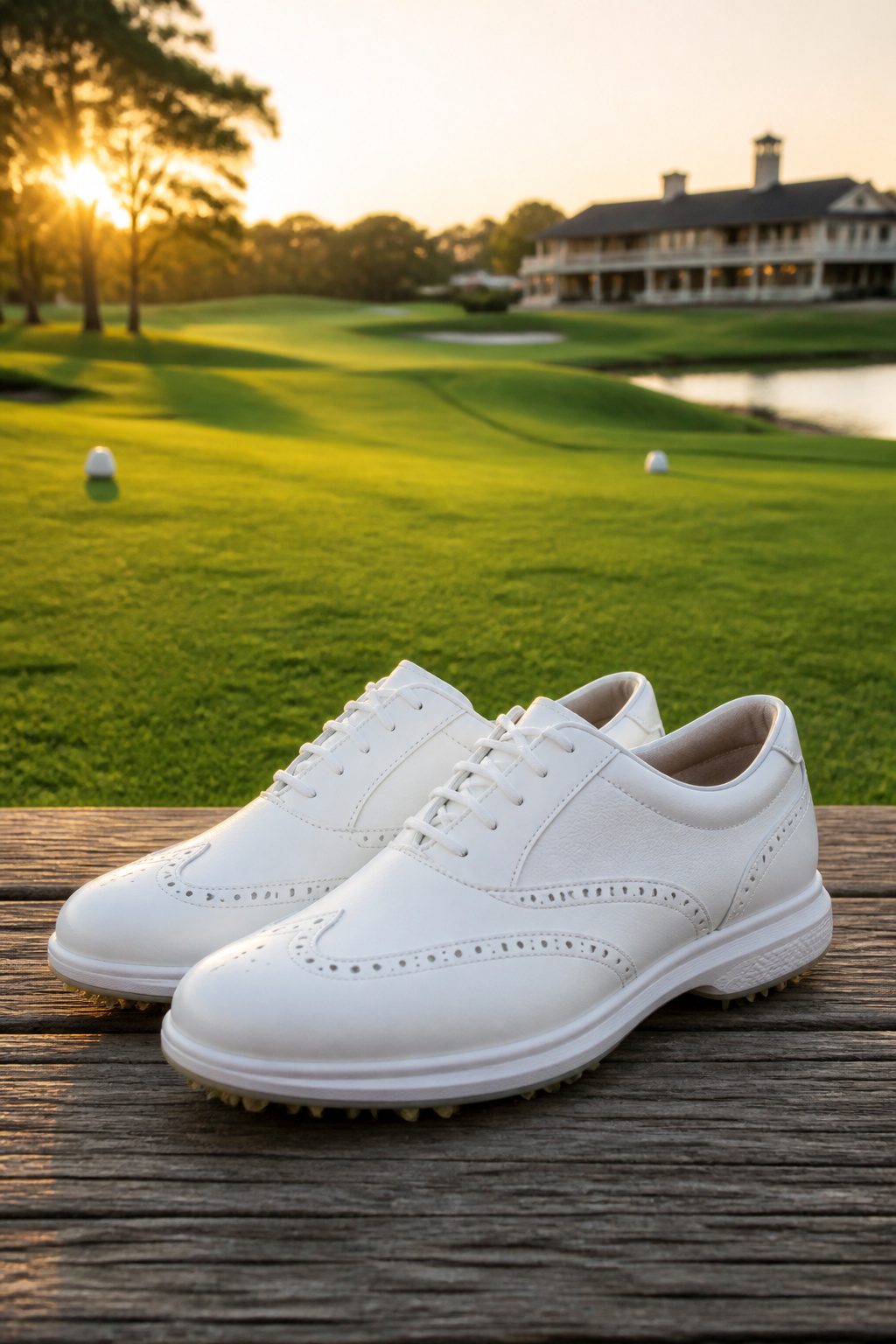 White spikeless golf shoes resting on a wooden deck with green grass.