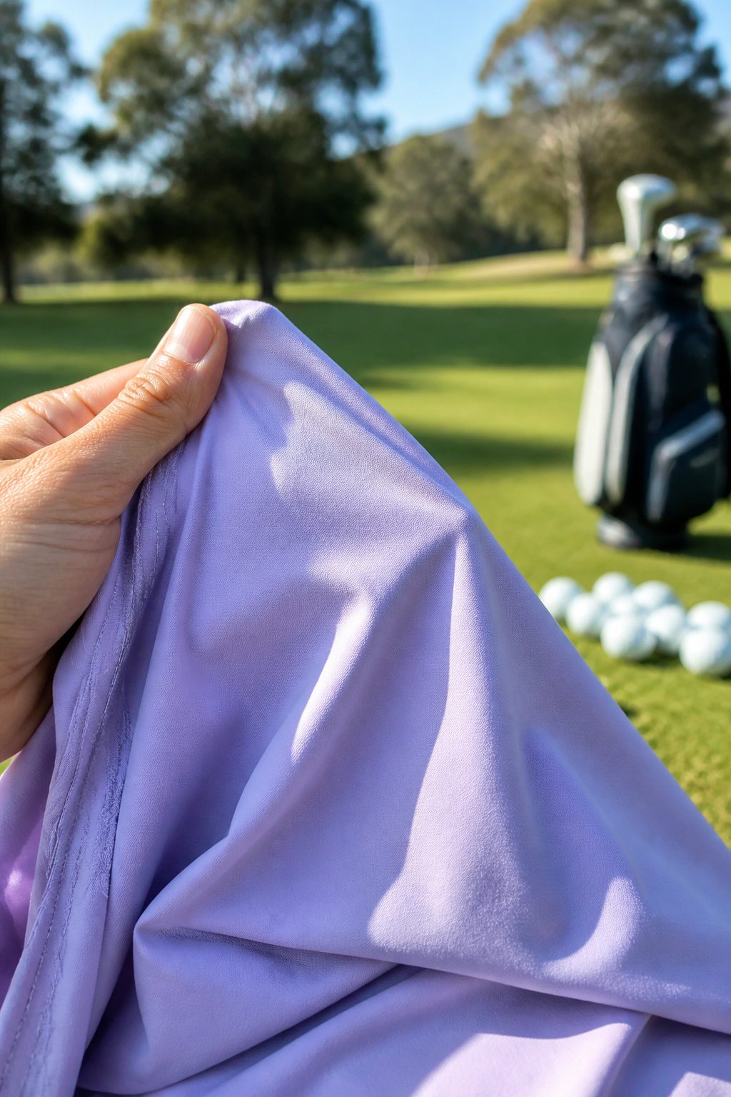 Close-up of a polyester-spandex blend fabric in natural outdoor light.