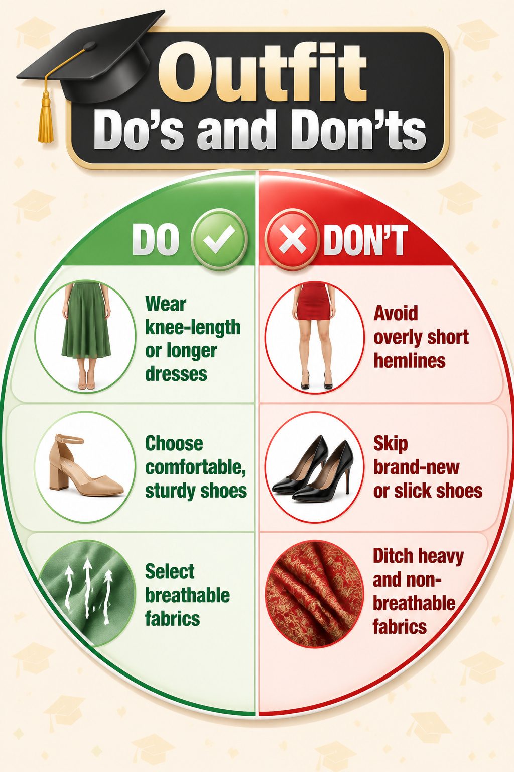 What to Wear to a Graduation Ceremony: 8 Outfit Ideas for 2026 8 An image illustrating outfit do's and don'ts for graduation.