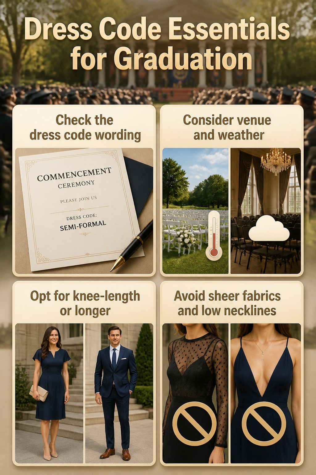What to Wear to a Graduation Ceremony: 8 Outfit Ideas for 2026 7 An information image titled 'Dress Code Essentials for Graduation'.