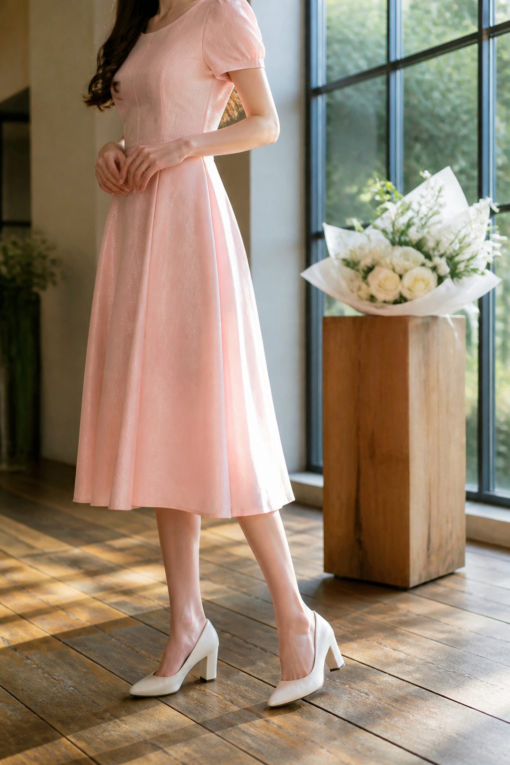What to Wear to a Graduation Ceremony: 8 Outfit Ideas for 2026 2 A midi dress draping gracefully on a wooden stage.