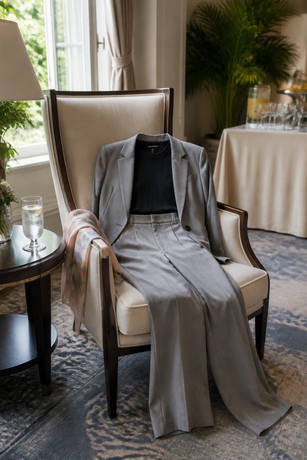 What to Wear to a Graduation Ceremony: 8 Outfit Ideas for 2026 4 A gray tailored pant and blazer set on a high-backed chair.