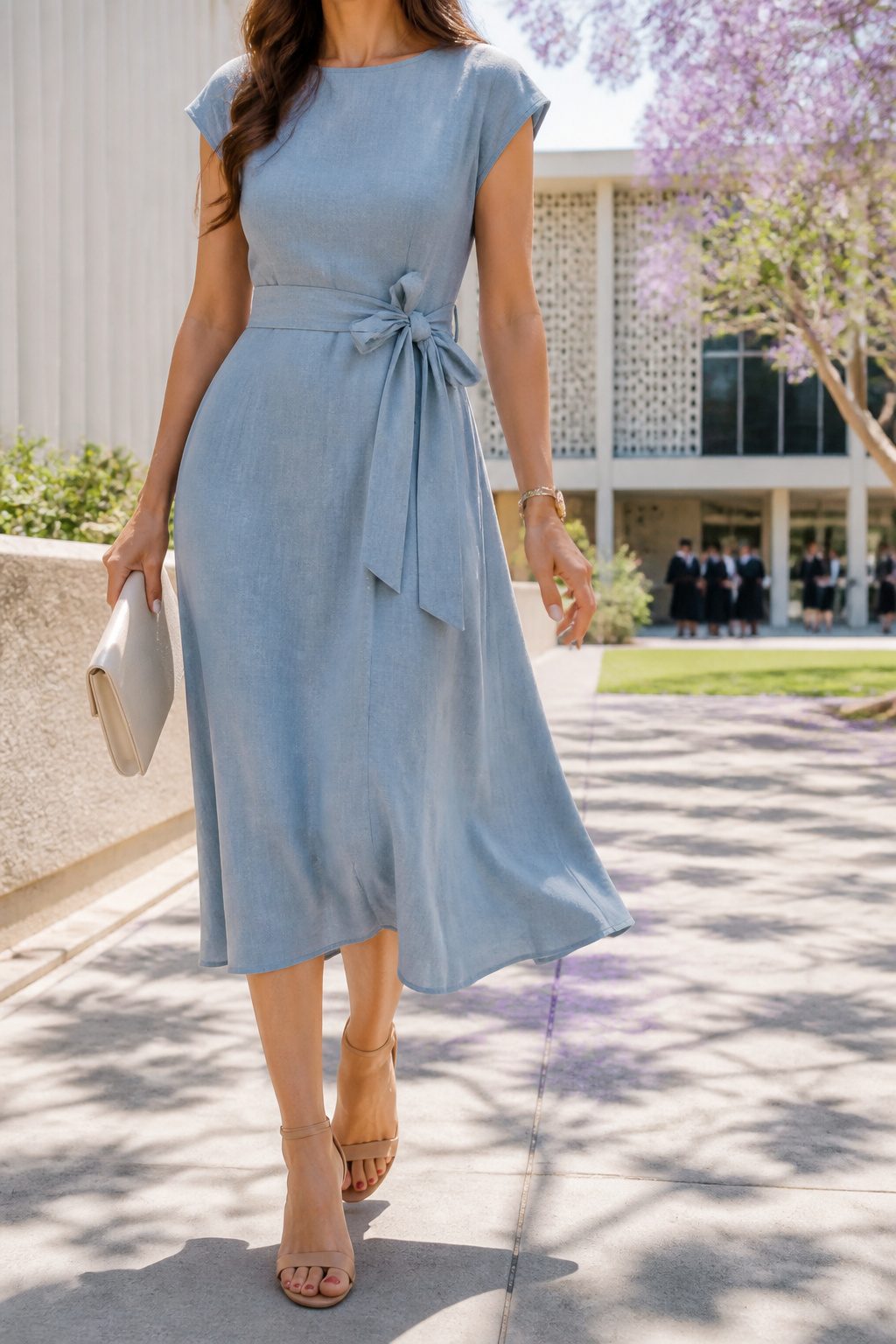 A model wearing the Arabella linen blend dress at a graduation ceremony.