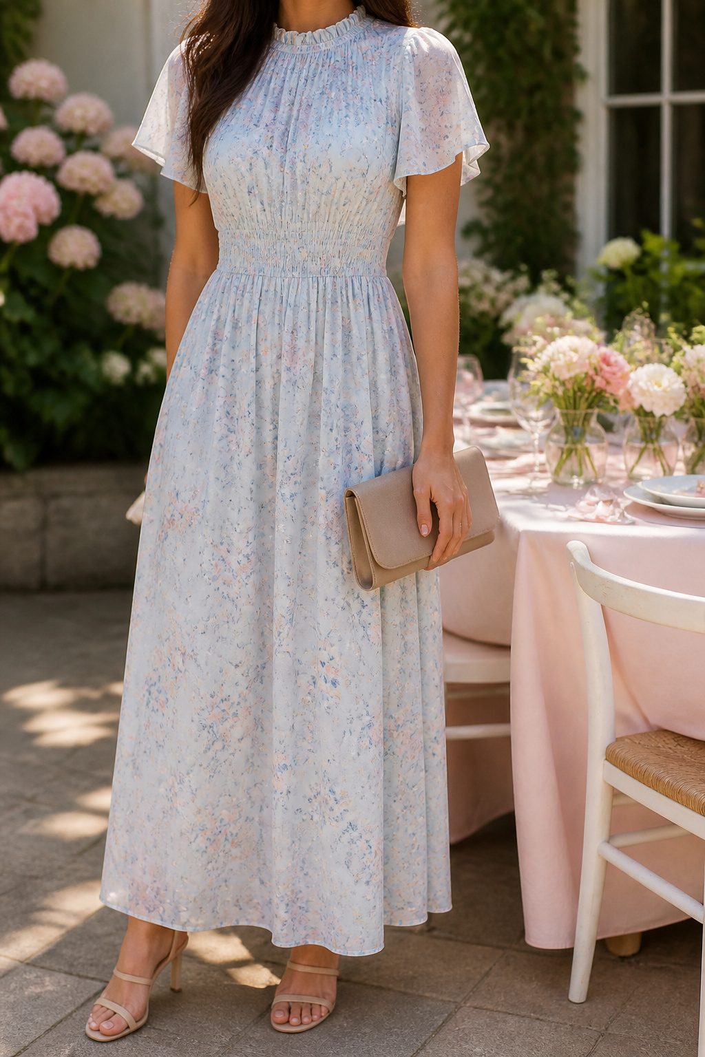 A model in the Ivy City Smocked Dress at a lively outdoor brunch.