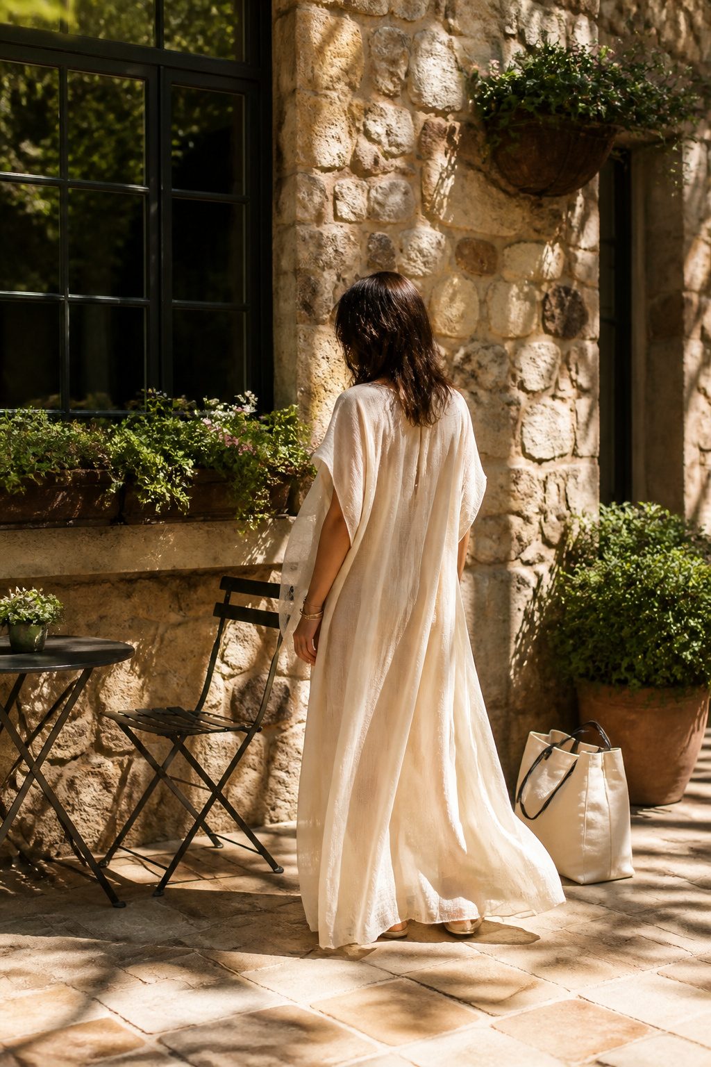 A model wearing the Madewell Sheer Dolman Maxi Dress outdoors.