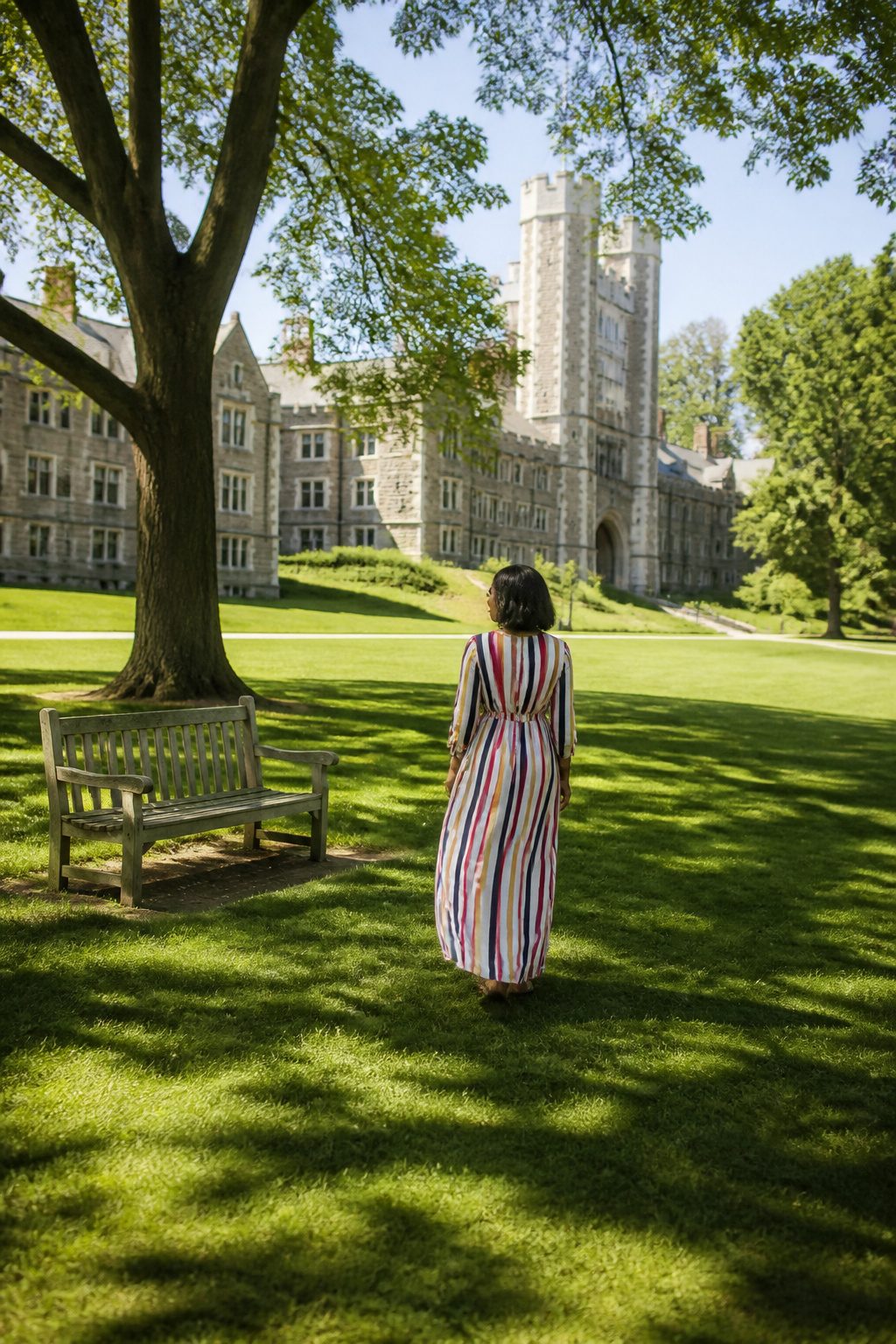 A model in the Me & Em Stripe Maxi Dress with vertical stripes.