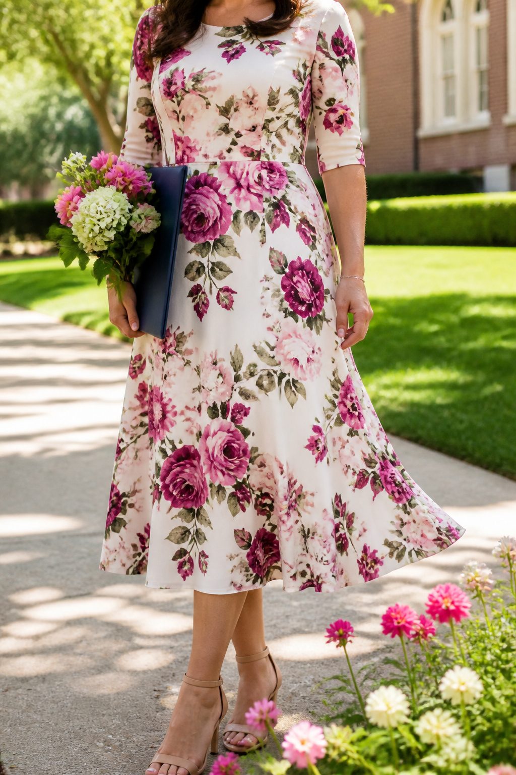 A woman in the Tobie Floral Dress standing outdoors against a blurred background.