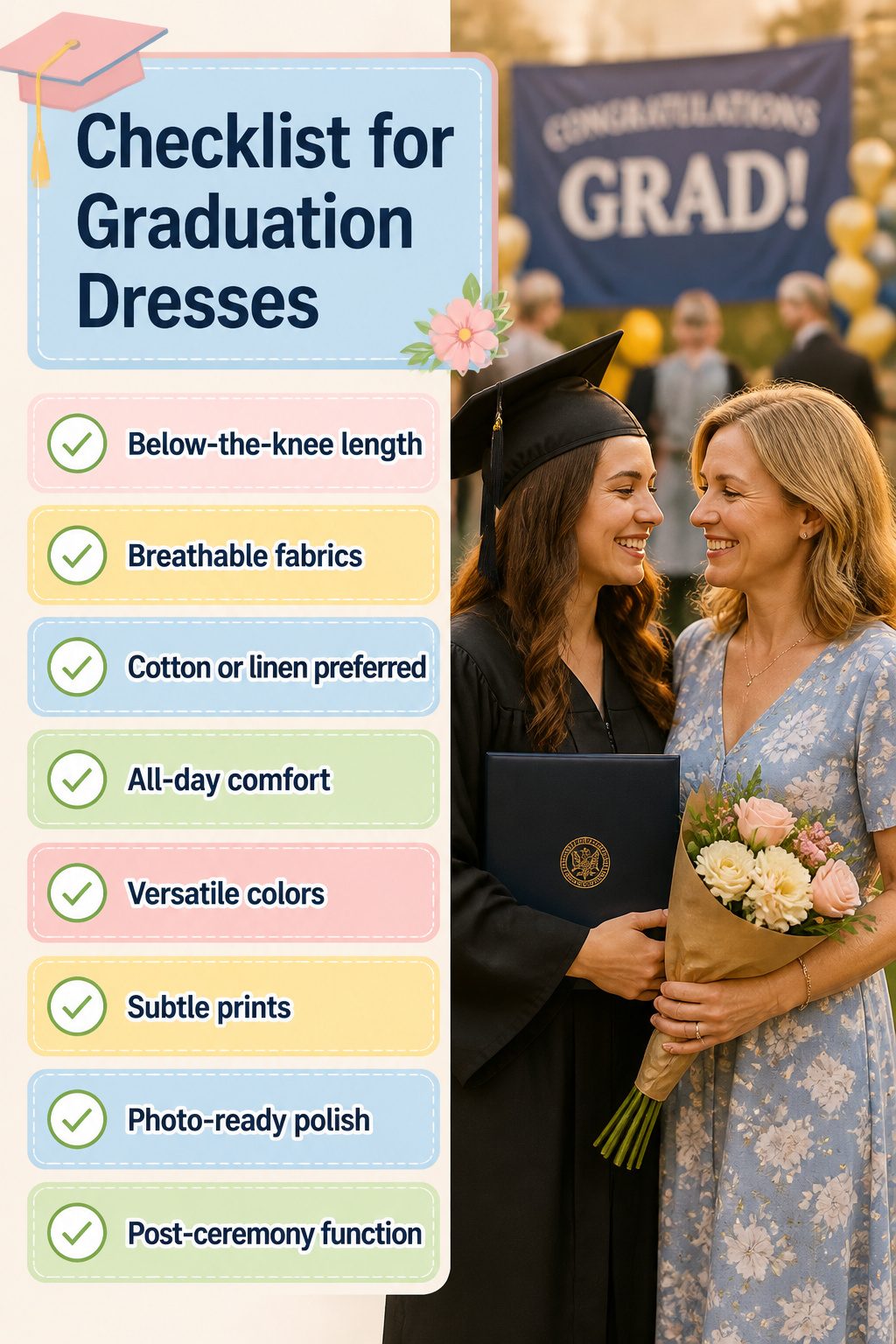 An infographic titled 'Checklist for Graduation Dresses'.