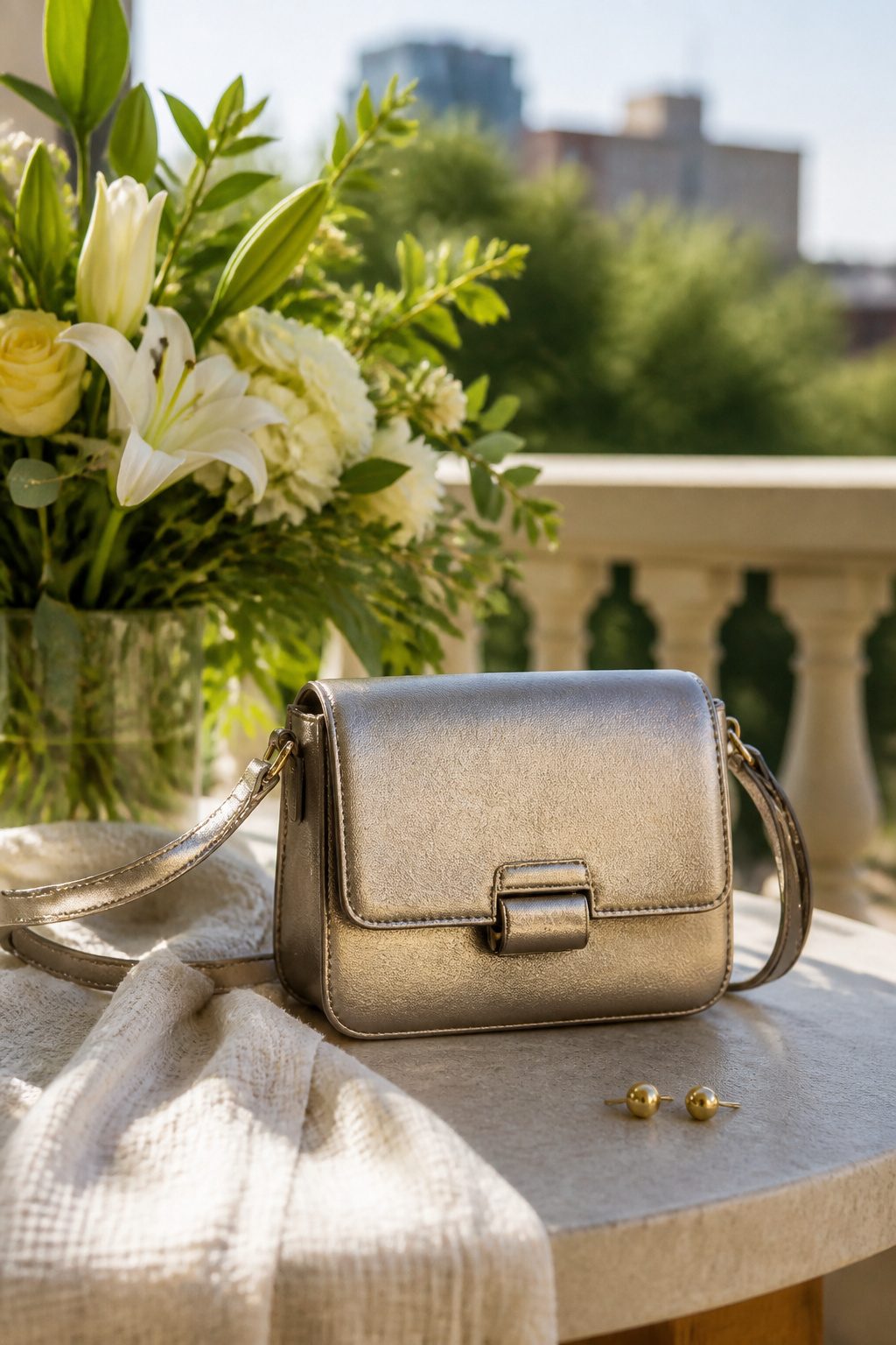 A neutral crossbody bag with floral arrangements in the background.