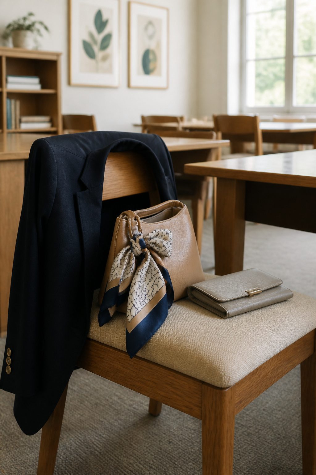 A navy blazer and a scarf in school colors on a chair.