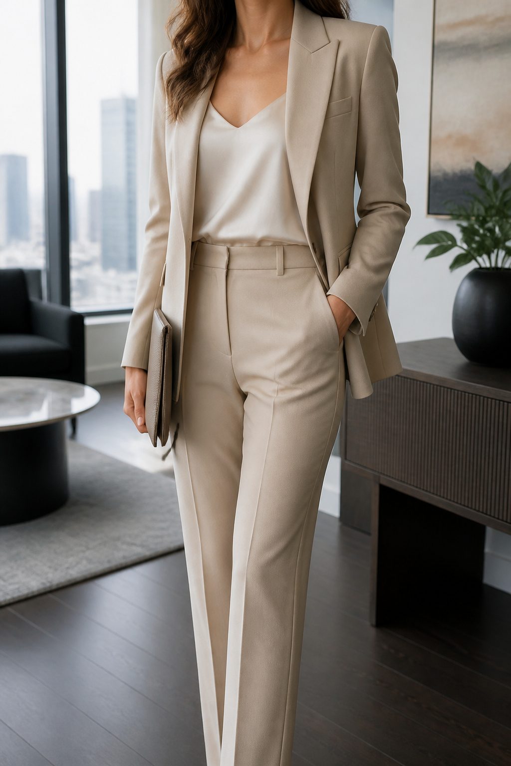 A neutral blazer over a silk camisole and tailored trousers.