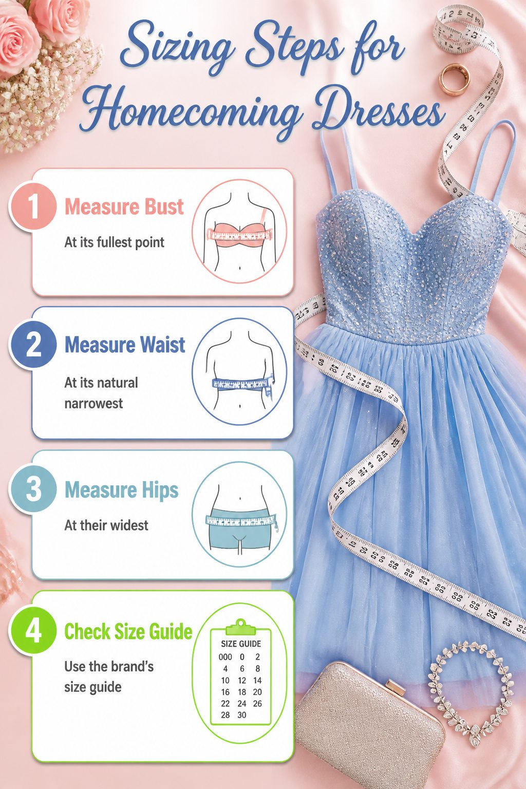 A guide illustrating the steps to measure for homecoming dress sizing.