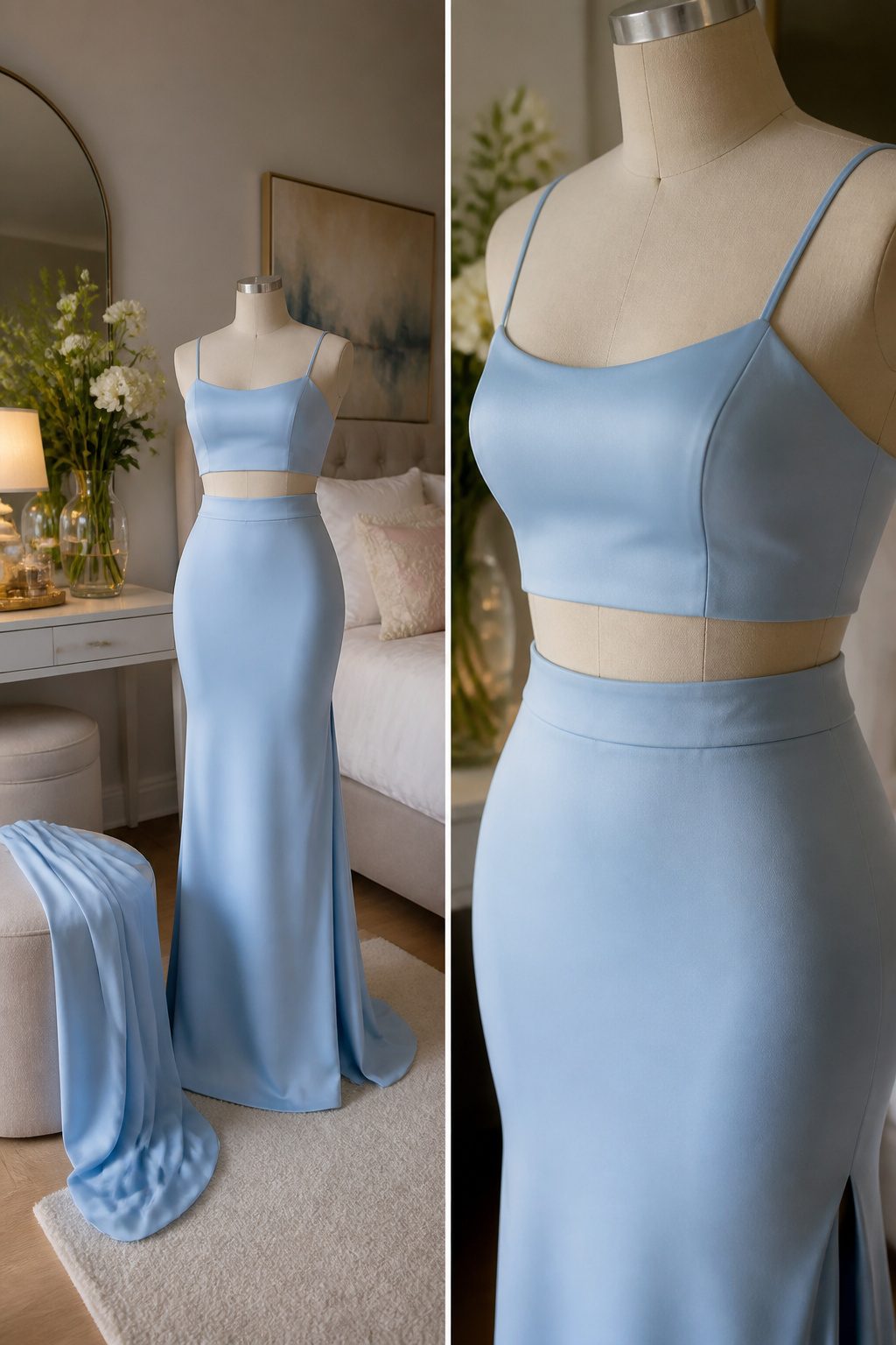 A two-piece homecoming dress featuring a fitted top and a flowing skirt.