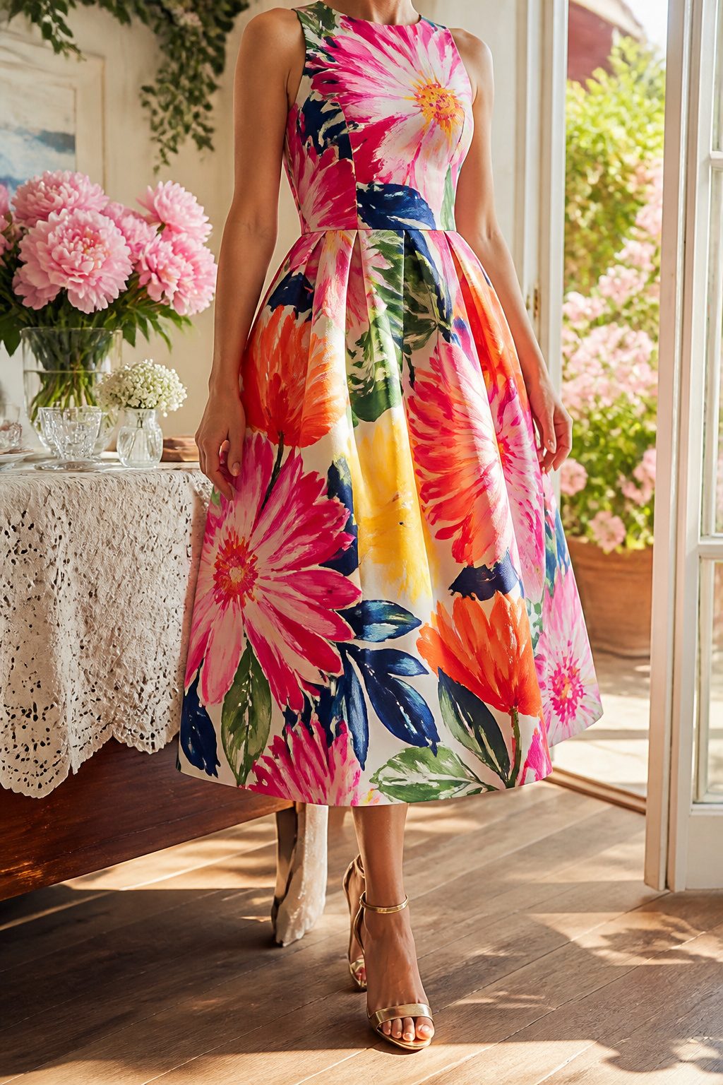 A floral dress featuring large-scale blooms ideal for the Kentucky Derby.