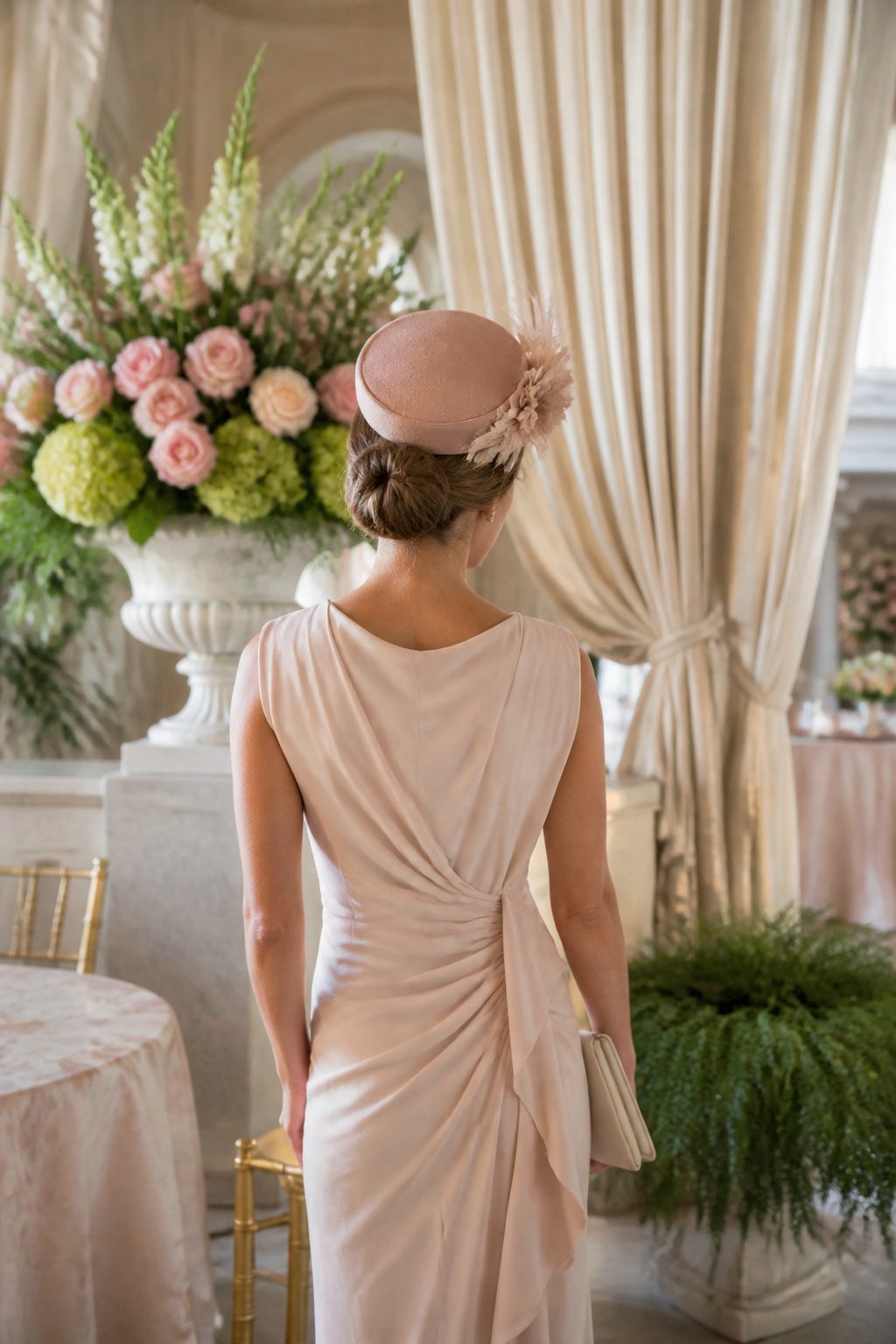 A vintage ensemble featuring a pillbox hat and draped dress.