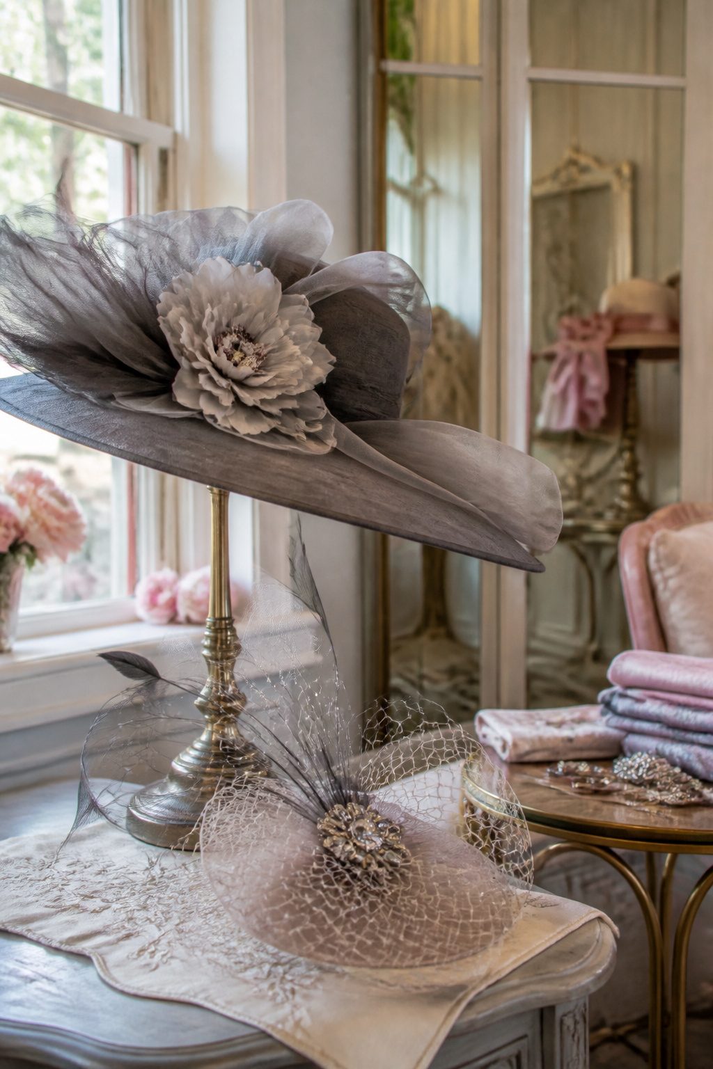 A wide-brimmed hat and a fascinator on a decorative table.