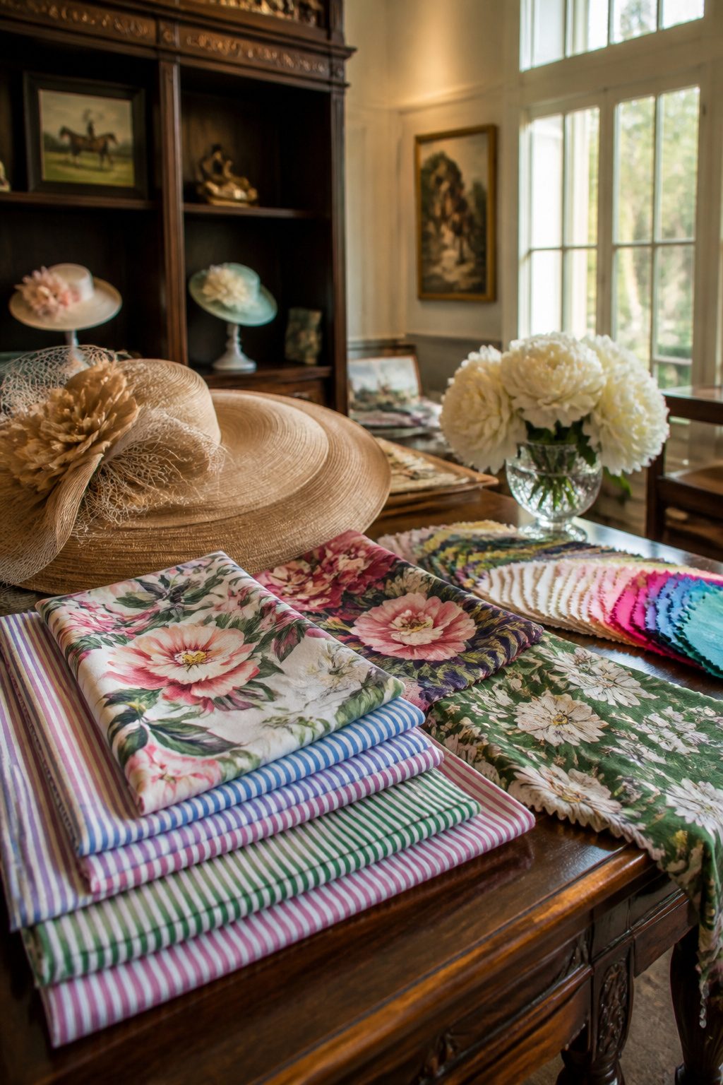Seersucker fabric and floral prints arranged on an antique table.