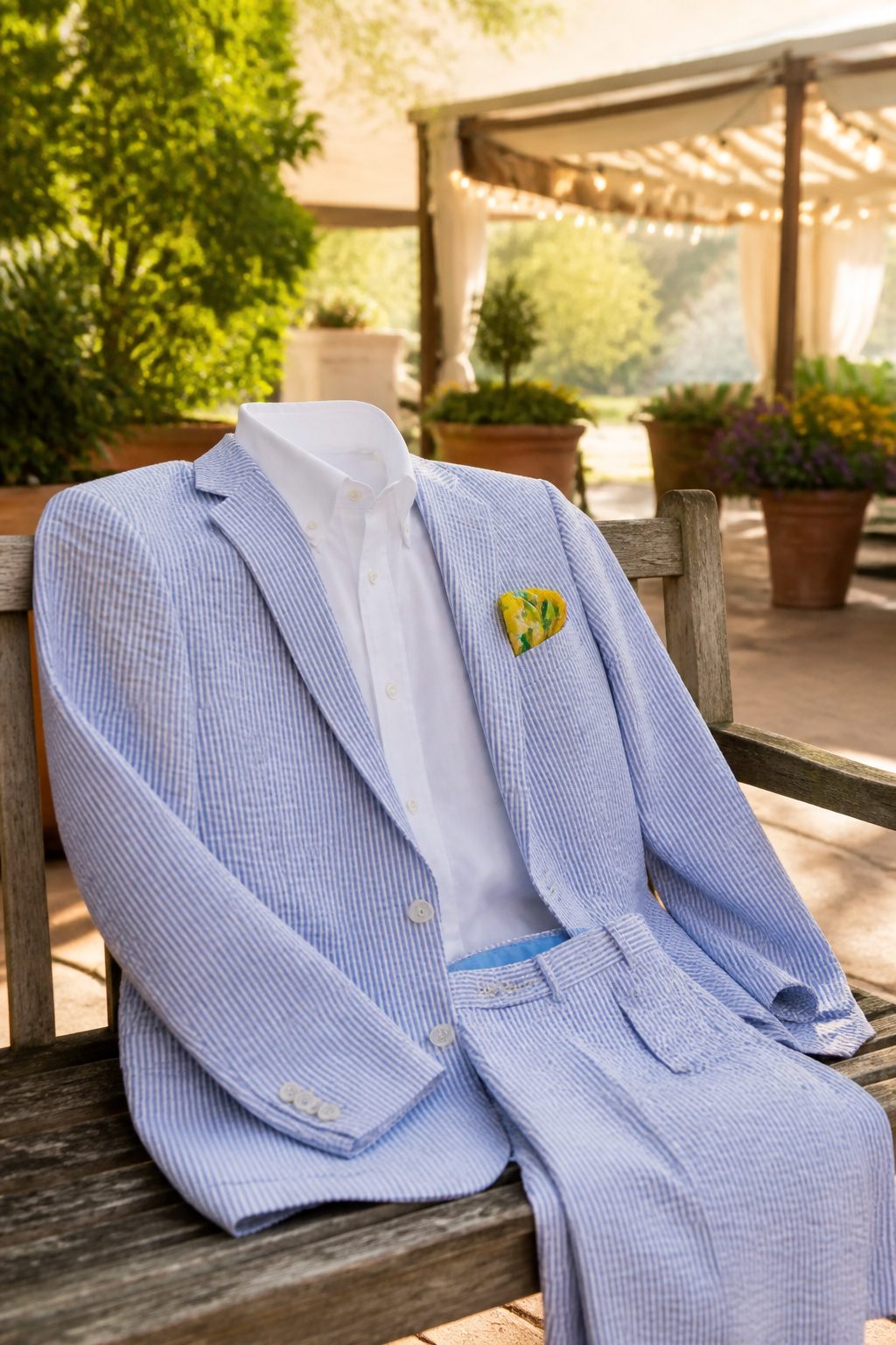 A seersucker sport coat with matching striped pants on display.
