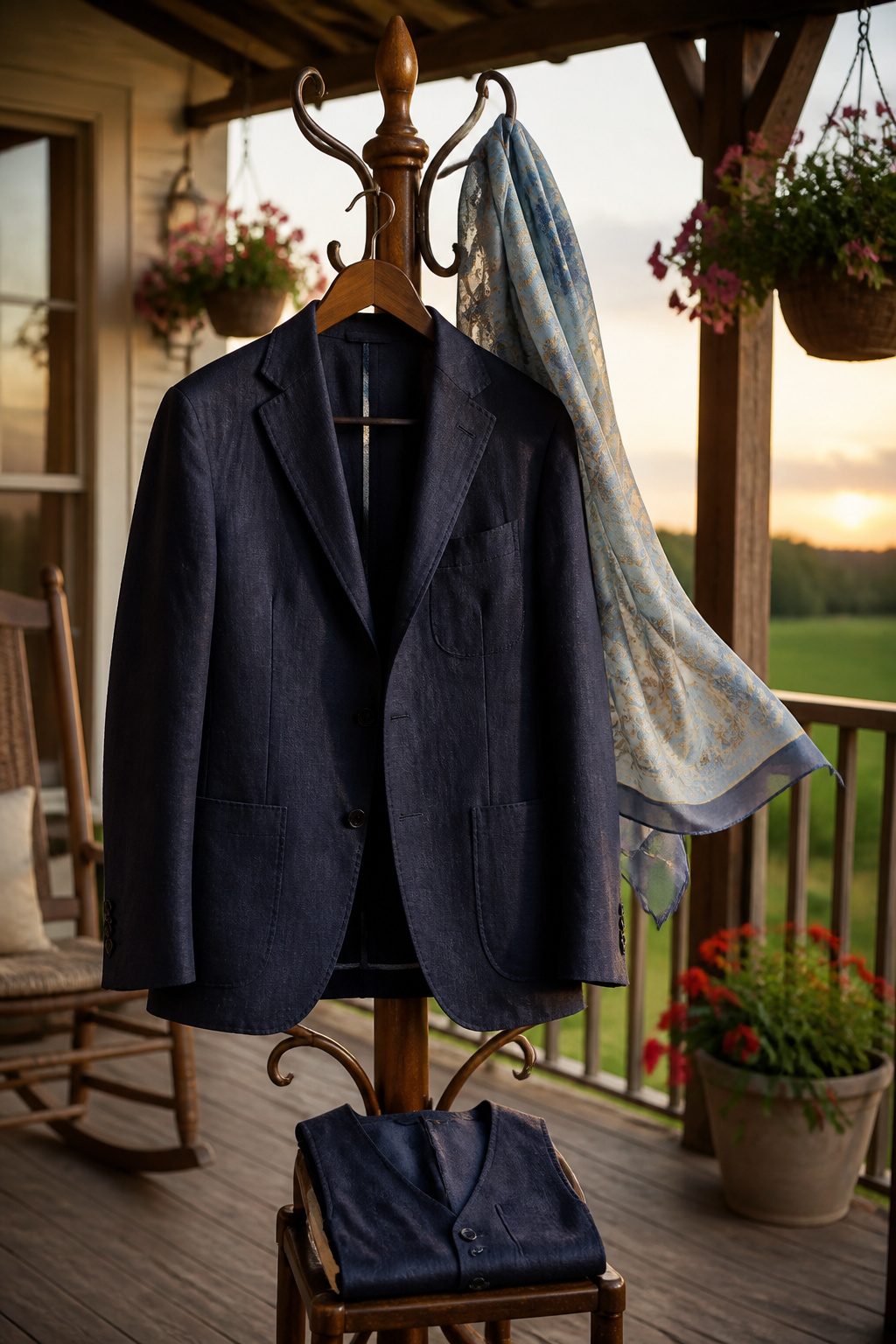 A wool-linen blend sport coat hanging on a coat rack.