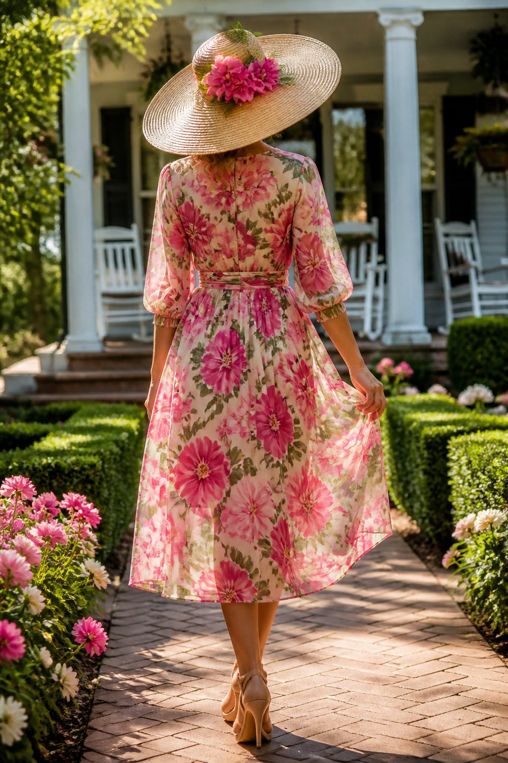 A floral midi dress displayed on a mannequin.