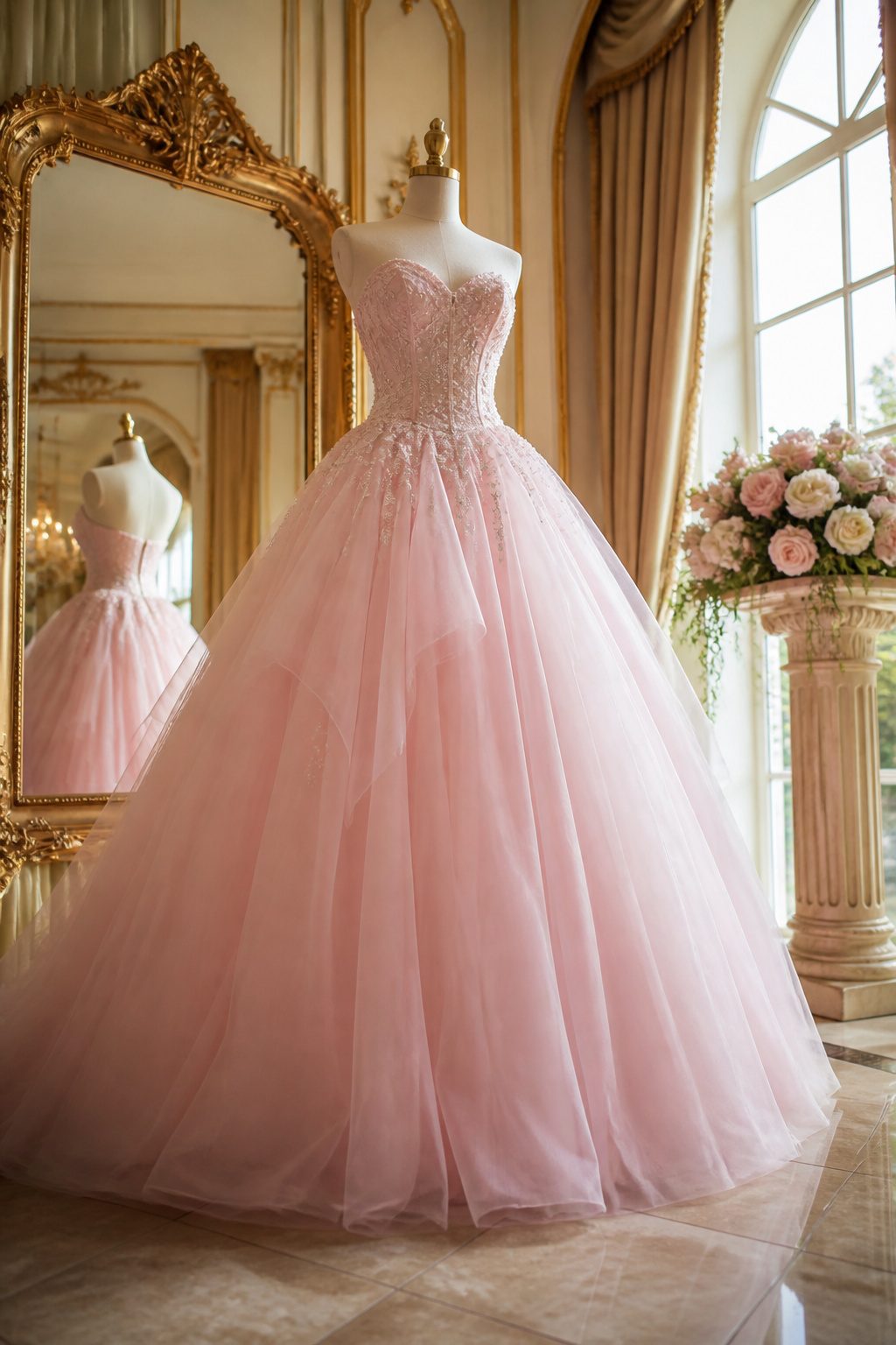 A light pink ball gown featuring a structured bodice and voluminous skirt.