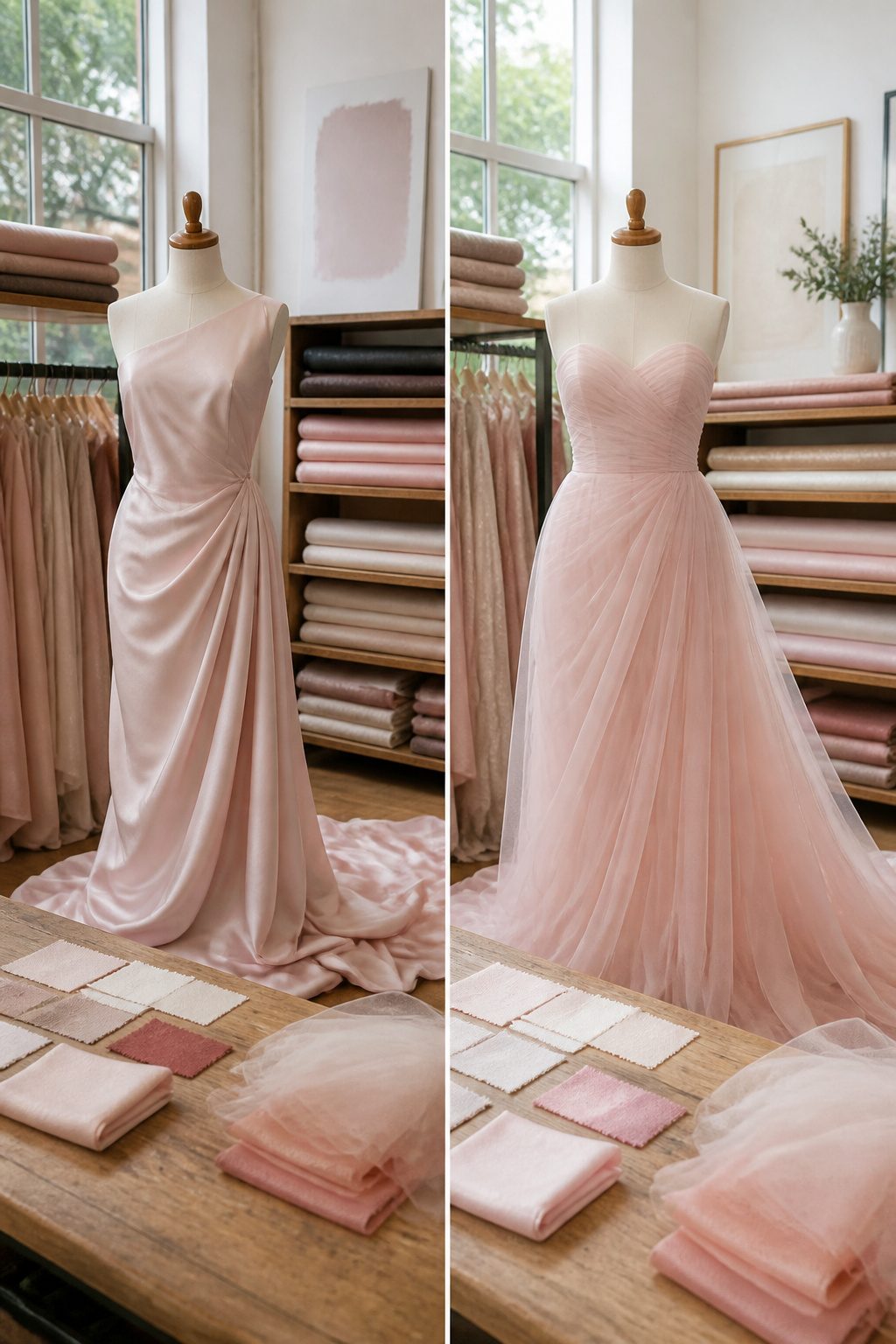 Various fabrics showcasing light pink colors in prom dresses.