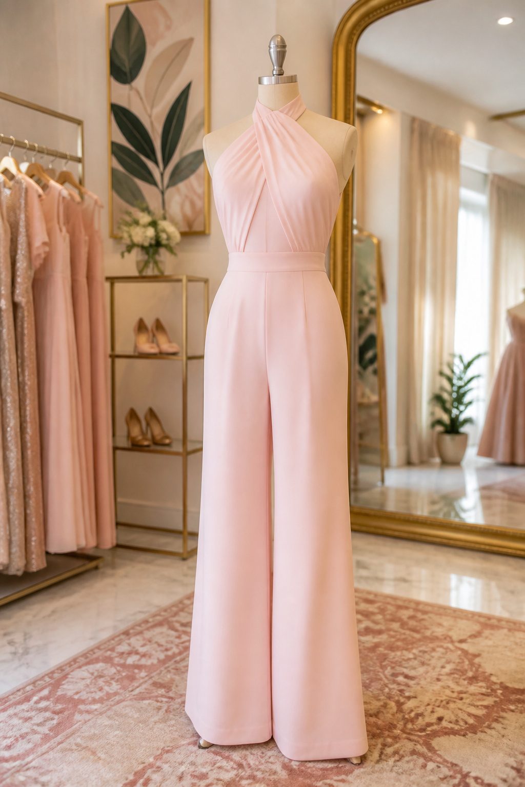 A light pink jumpsuit with a fitted waist and long pants.