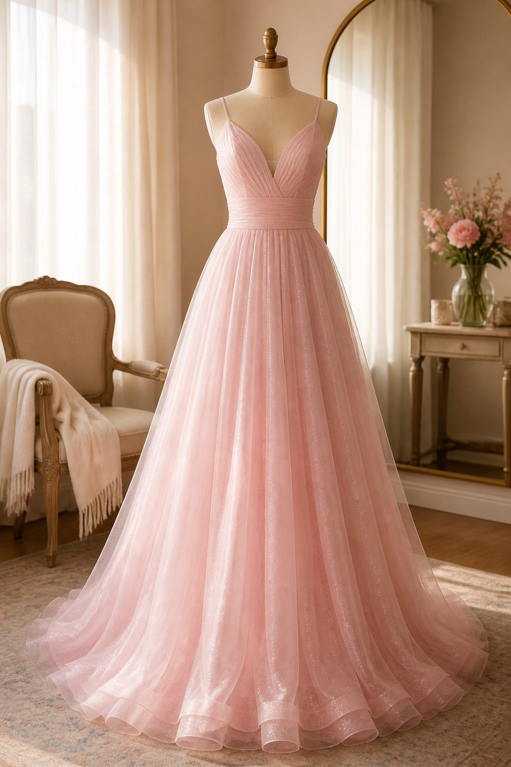 A light pink A-line prom dress with a flared hem.