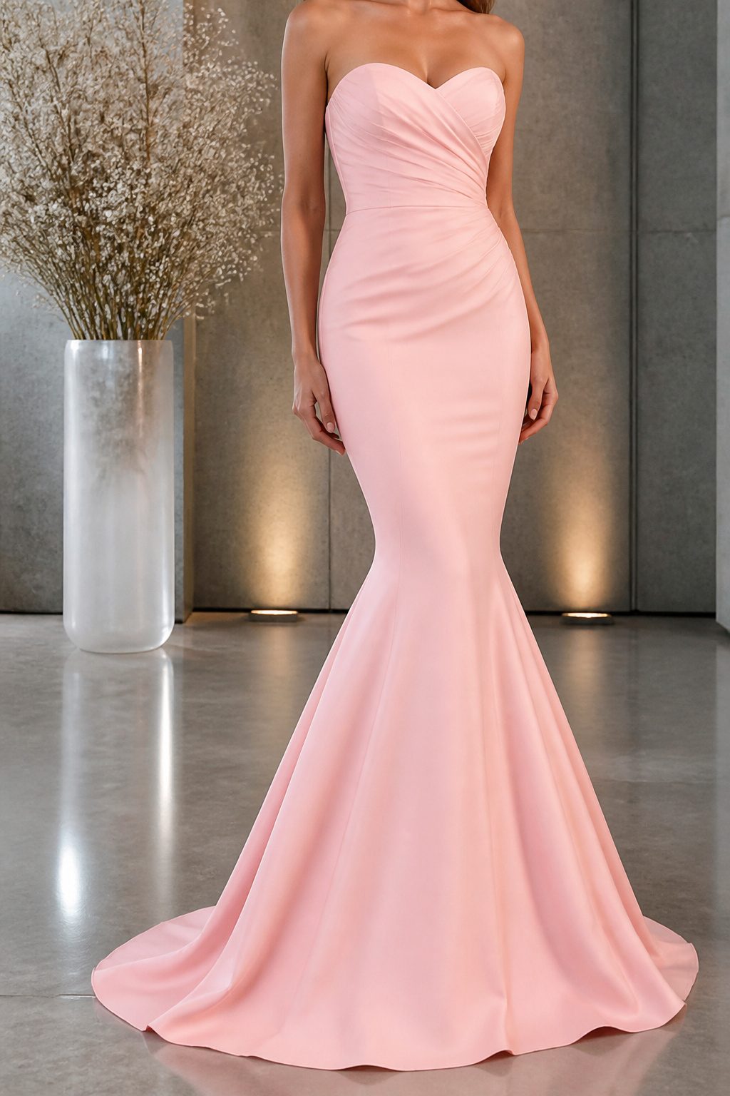 A light pink mermaid prom dress with a flare starting below the knee.