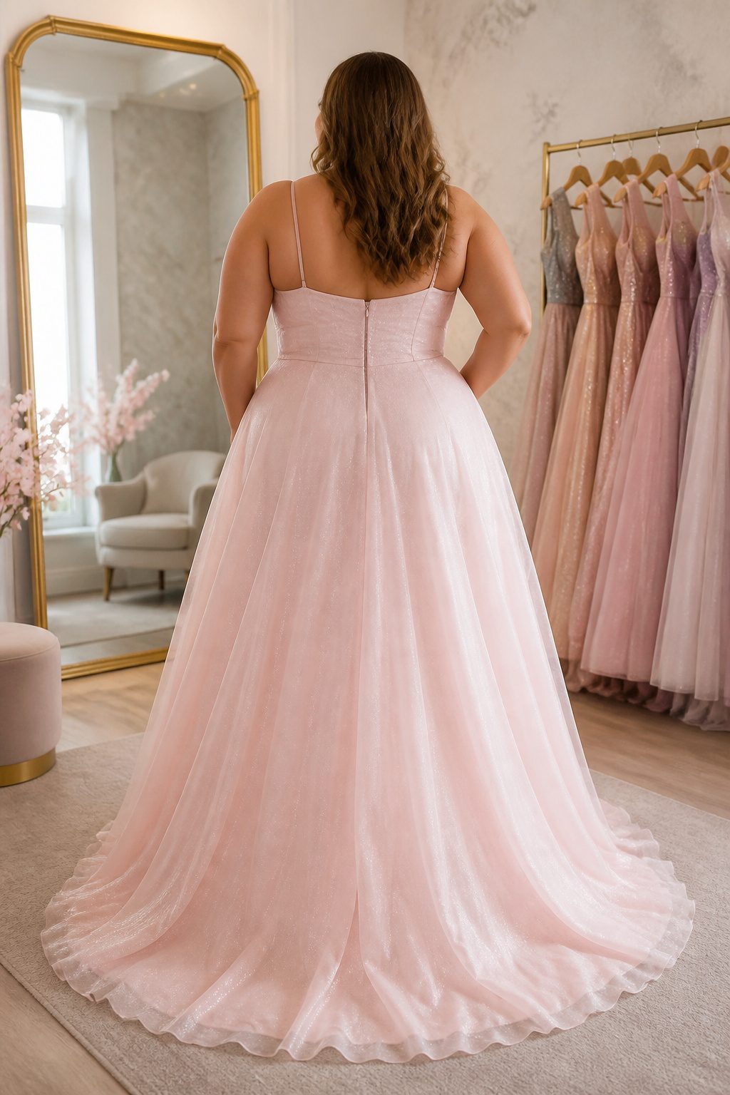 A plus-size light pink prom dress with structured bodice and wide straps.