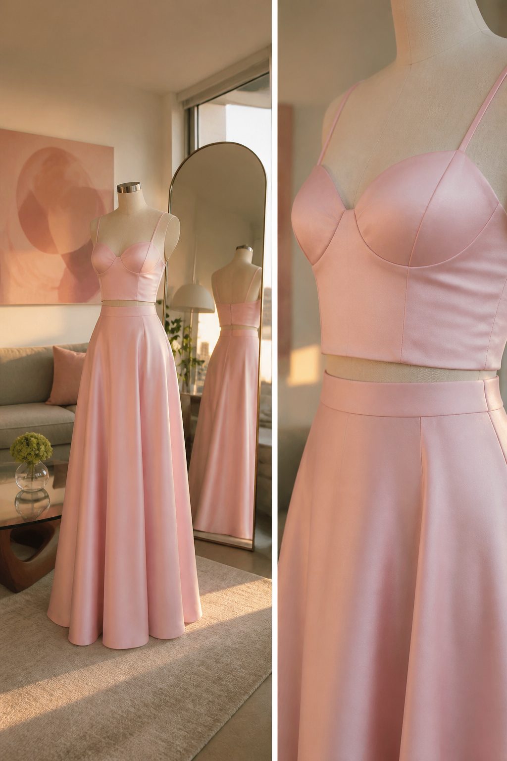 A light pink two-piece prom dress with a visible midriff gap.