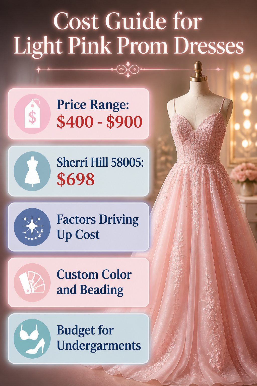 An information image detailing the cost of light pink prom dresses.
