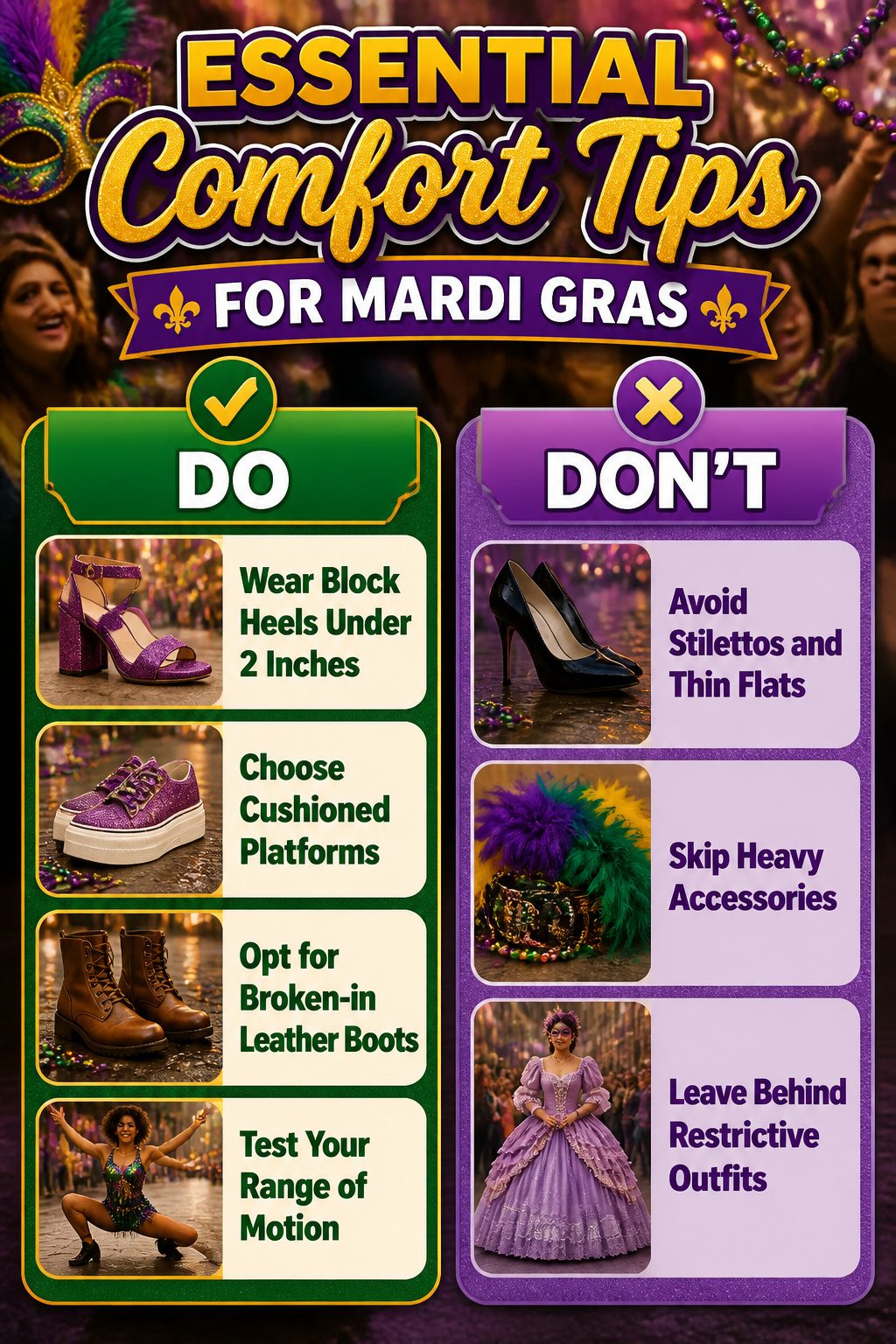 Information image about comfort tips for Mardi Gras footwear.