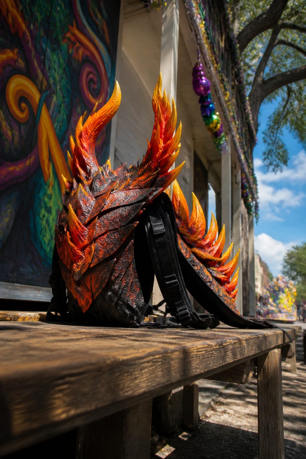 Flame-shaped shoulder collar backpack resting on a flat surface.