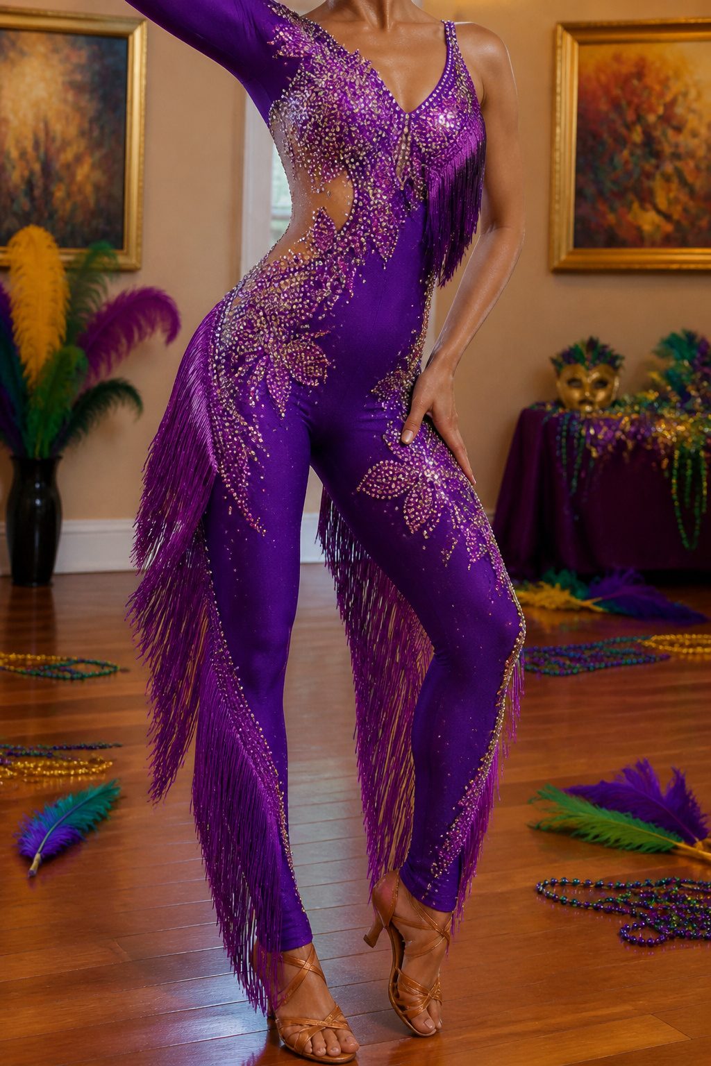 Floral crystallized purple catsuit pants displayed on a flat surface.