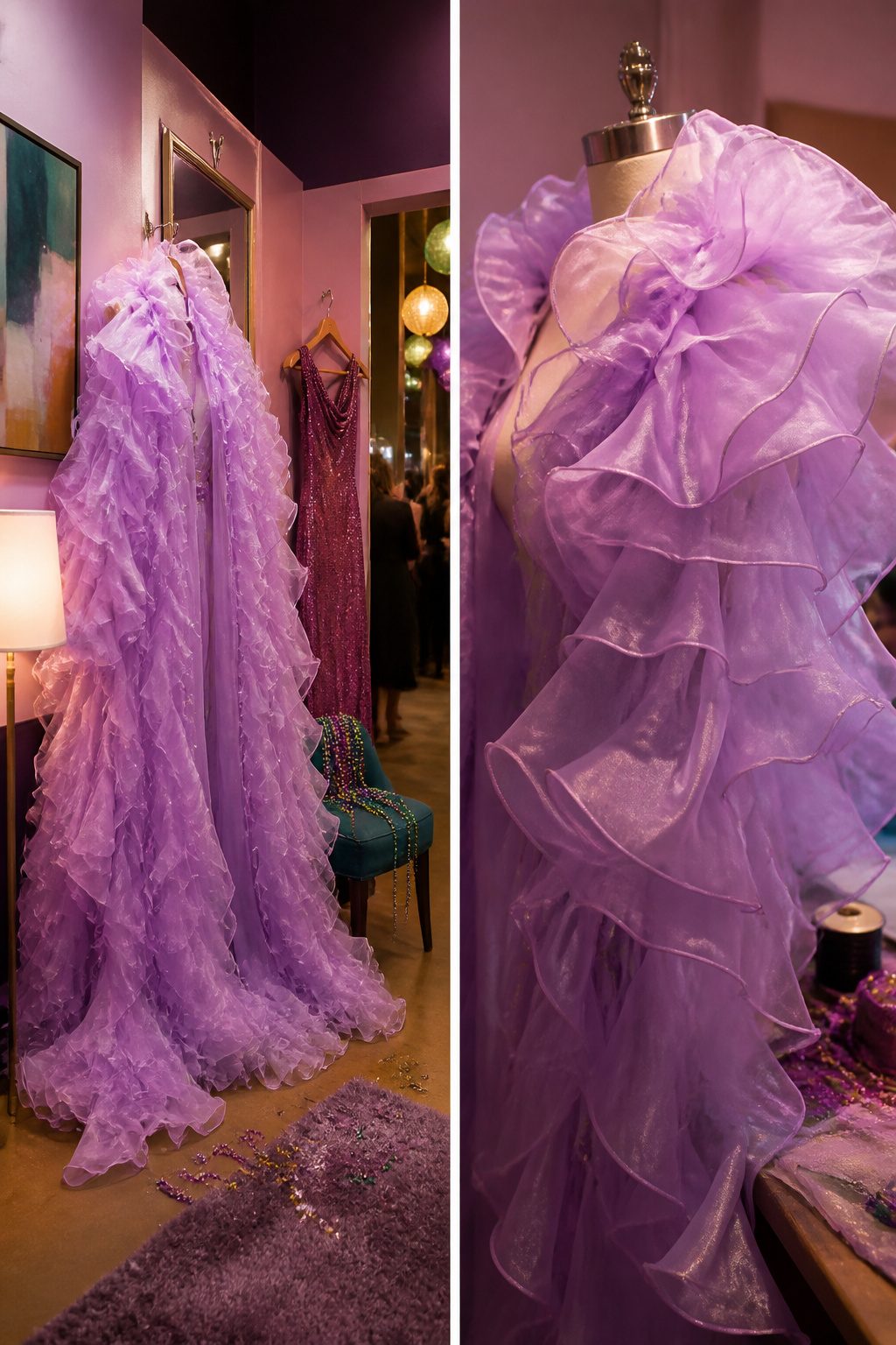 Lavender organza coat with ruffles laid out to show its design.