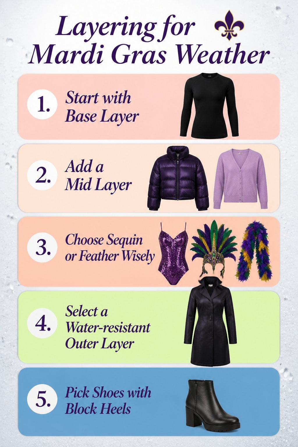 Information image about layering for Mardi Gras weather.