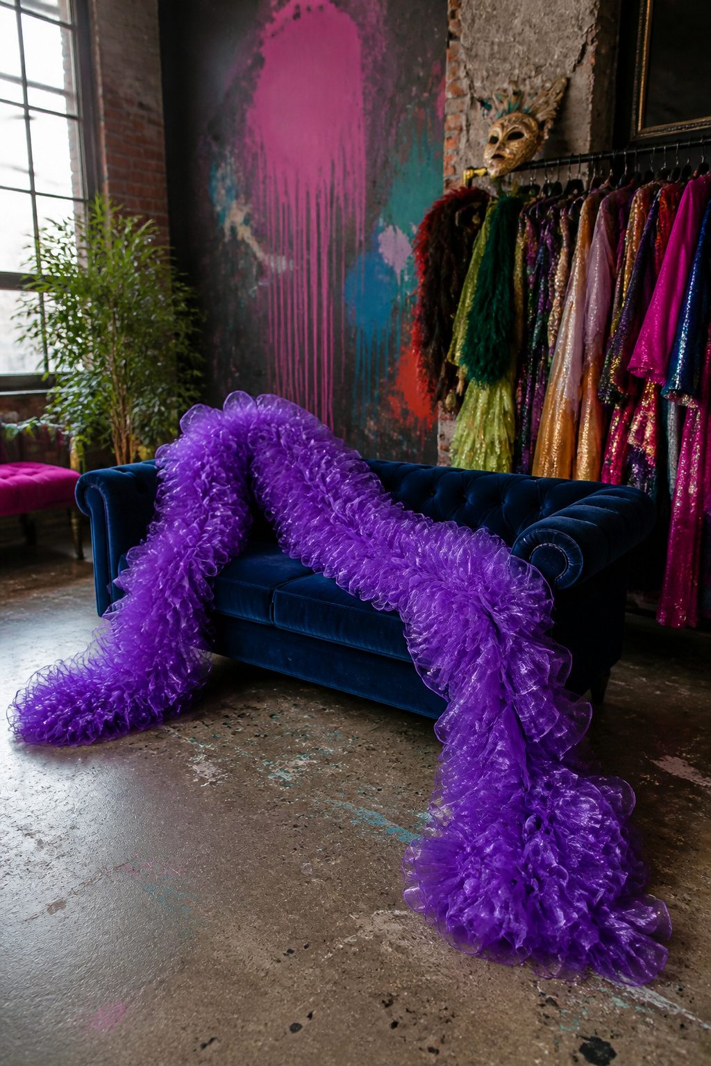 Purple organza boa laid out to show its length and texture.